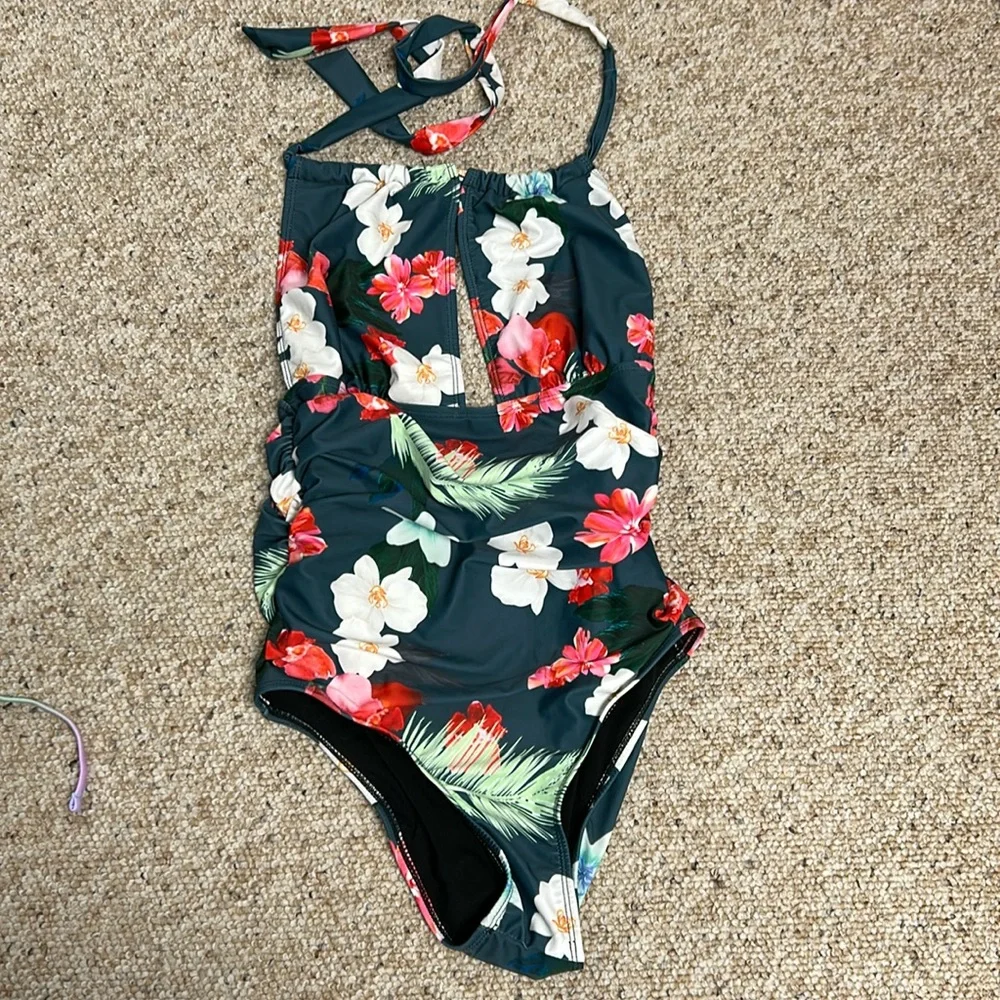 B2PRITY Monokini Floral Floral Halter Top Neck Tie Slimming One Piece Swim M